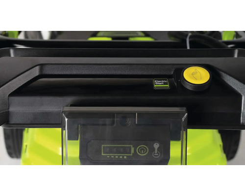 Detailansicht des Rasenmähers mit Elektrostartknopf und Batteriestandsanzeige.