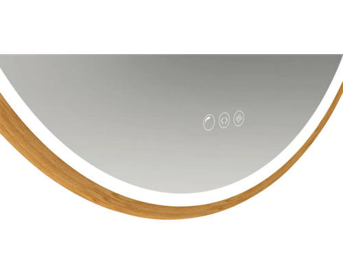 Detailansicht eines Spiegels mit Holzrahmen und Touch-Buttons zur Bedienung