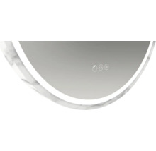 Detailansicht eines runden Spiegels mit Touchfunktion und Rahmen in Marmoroptik