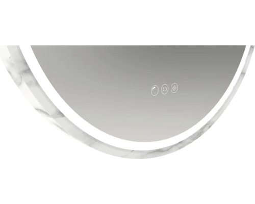 Detailansicht eines runden Spiegels mit Touchfunktion und Rahmen in Marmoroptik