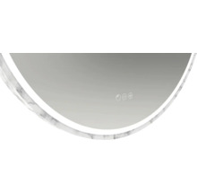 Detailansicht eines runden Spiegels mit Marmorrahmen und Bedienfeld