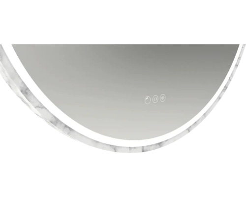 Detailansicht eines runden Spiegels mit Marmorrahmen und Bedienfeld