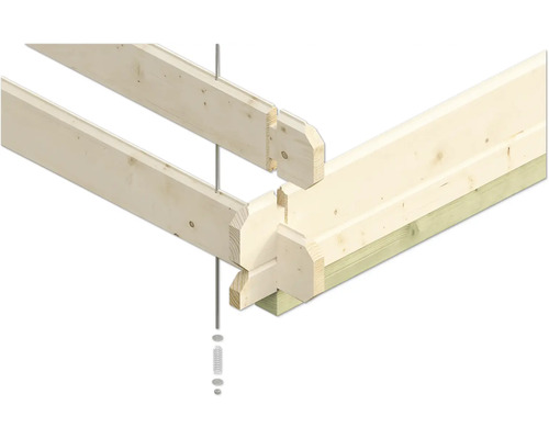 Detailansicht einer Holzkonstruktion mit Balken und Verbindungselementen