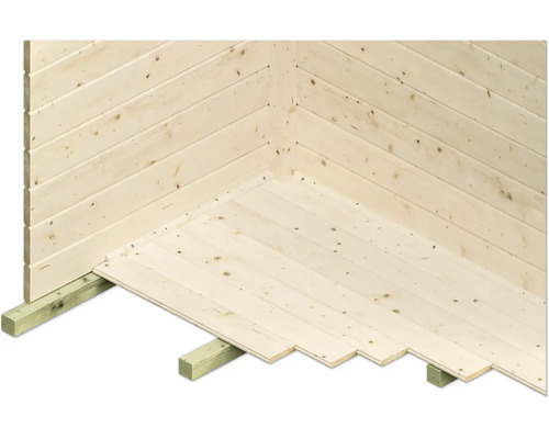 Detailansicht eines Gartenhauses im Bau mit Holzwänden und Holzboden