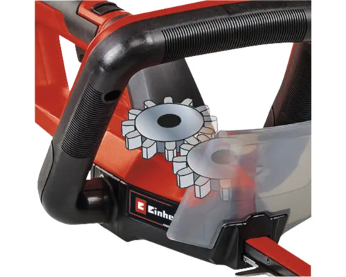 Detailaufnahme einer Heckenschere mit animierten Zahnrädern zur Veranschaulichung der Funktion.