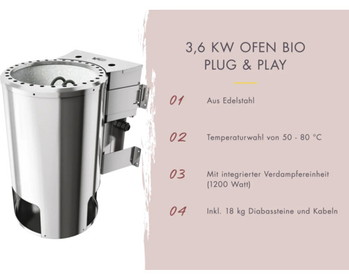 Bio Saunaofen aus Edelstahl mit 3,6 Kilowatt Leistung