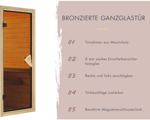 Bronzefarbene Ganzglastür mit Türrahmen aus Massivholz, 8 mm starkem Einscheibensicherheitsglas, rechts und links anschlagbar, justierbaren Türbeschlägen und Magnetverschlusstechnik.