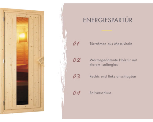 Energiespartür mit Türrahmen aus Massivholz und klarem Isolierglas