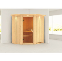 Plug & Play Sauna Karibu Achat III ohne Ofen mit Dachkranz und bronzierter Ganzglastüre