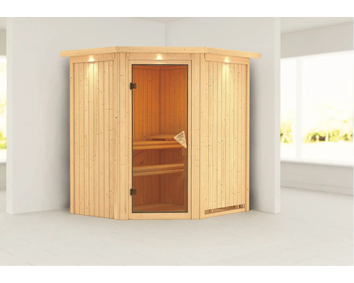 Ecksauna aus Holz mit Glastür und Innenbeleuchtung.