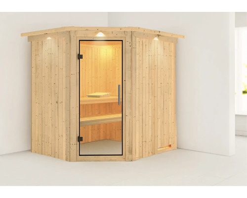 Ecksauna mit Glastür und Innenbeleuchtung.