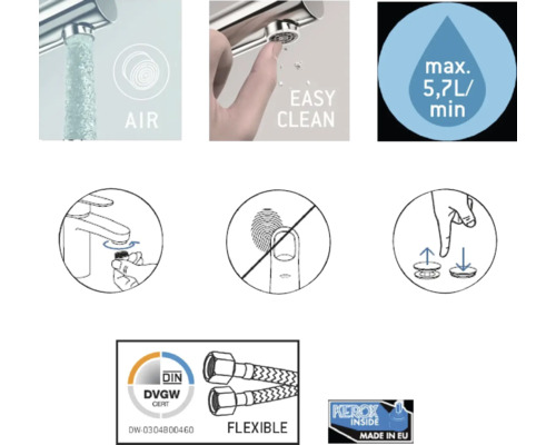 Produktmerkmale: Luftbeimischung, einfache Reinigung, maximal 5,7 Liter pro Minute Durchfluss, Antifingerabdruckbeschichtung, flexible Schläuche, DGVW Zertifizierung, Hergestellt in der EU