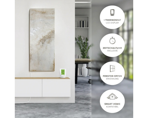 Infrarotheizung an der Wand mit Thermostat und LCD Display, Zeitschaltuhr, Fenster-offen Erkennung und Smart Home Kompatibilität