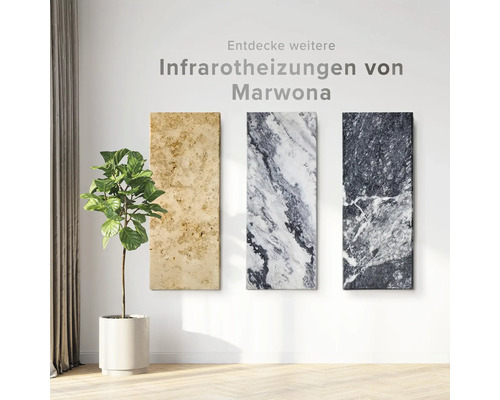 Drei Infrarotheizungen von Marwona mit Marmoroptik an einer weissen Wand