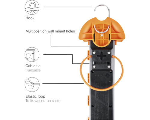 Mehrfachsteckdose mit Haken und elastischer Schlaufe zur Kabelfixierung