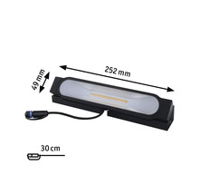 Abbildung einer schwarzen LED-Wandleuchte mit den Maßen 252 mm Länge, 49 mm Breite und 30 cm Kabellänge