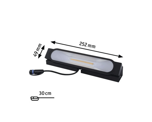 Abbildung einer schwarzen LED-Wandleuchte mit den Maßen 252 mm Länge, 49 mm Breite und 30 cm Kabellänge