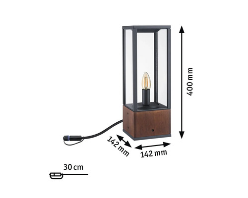 Außenleuchte mit Glaskörper, Holzfuß und Maßangaben