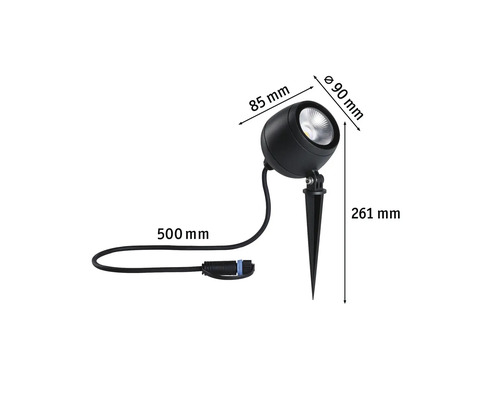 Gartenstrahler mit Erdspieß und Maßangaben