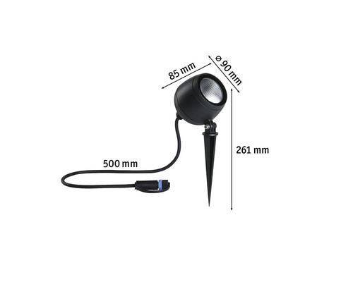 Gartenstrahler mit Erdspieß und Maßangaben