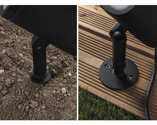 Detailaufnahme einer Außenleuchte mit Erdspieß und Montageplatte auf Boden und Holzterrasse