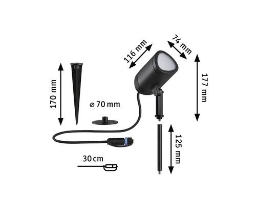 Abmessungen eines Gartenstrahlers mit Erdspieß, Montagefuß und Verbindungskabel