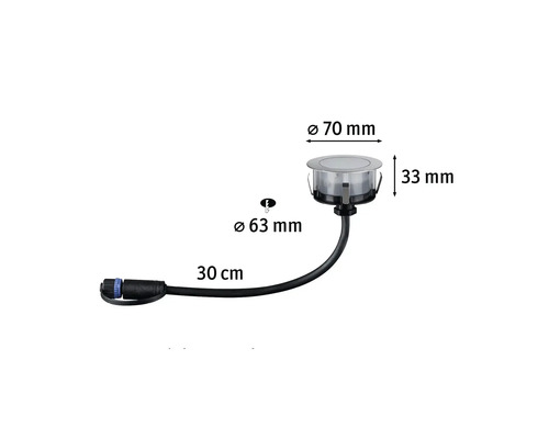 Bodeneinbaustrahler mit einer Kabellänge von 30 Zentimeter und den Maßen 70 Millimeter Durchmesser und 33 Millimeter Höhe