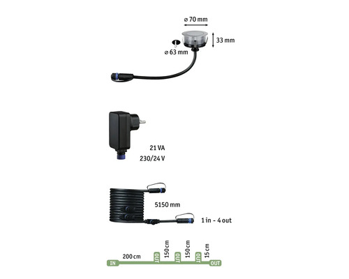 Abbildung eines Anschlusskabels mit Verteiler, Transformator und Einbaustrahler mit Maßangaben