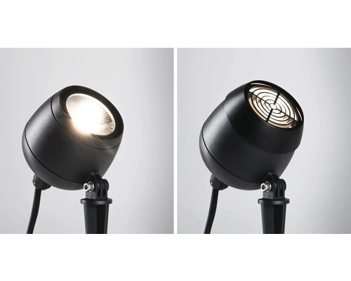 Schwarzer Gartenstrahler mit Erdspieß, zwei Ansichten