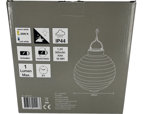 Verpackung einer Solarleuchte mit technischen Daten und Illustrationen.