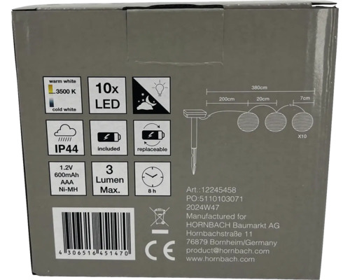 Verpackung einer LED-Solarleuchtenkette mit technischen Details