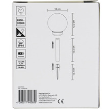 Verpackung einer Gartenleuchte mit Erdspieß und den Angaben zu Leuchtdauer, Farbtemperatur und Schutzart