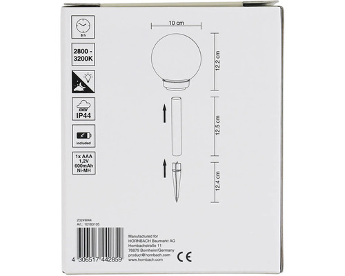 Verpackung einer Gartenleuchte mit Erdspieß und den Angaben zu Leuchtdauer, Farbtemperatur und Schutzart