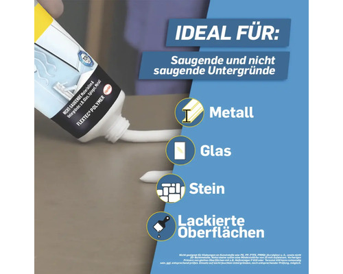 Darstellung von idealen Untergründen für Klebstoffe: Metall, Glas, Stein und lackierte Oberflächen.