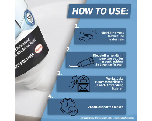 Anleitung zur Verwendung von Klebstoff in vier Schritten: Oberfläche reinigen, Klebstoff auftragen, Werkstücke fixieren und 24 Stunden aushärten lassen.