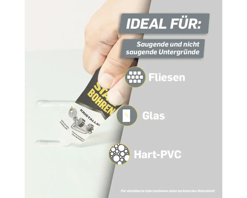 Klebstoff geeignet für saugende und nicht saugende Untergründe wie Fliesen, Glas und Hart PVC.