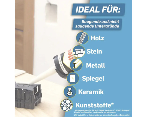 Anwendungsbereiche von Klebstoff: geeignet für saugende und nicht saugende Untergründe wie Holz, Stein, Metall, Spiegel, Keramik und Kunststoffe