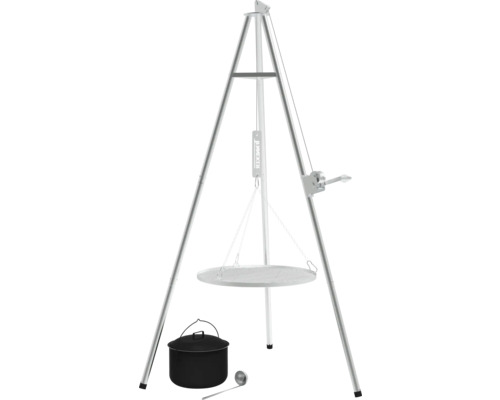 Schwenkgrill mit Dreibein, Grillrost, Kessel und Schöpfkelle