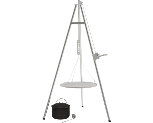 Schwenkgrill mit Grillrost, Kessel und Schöpfkelle