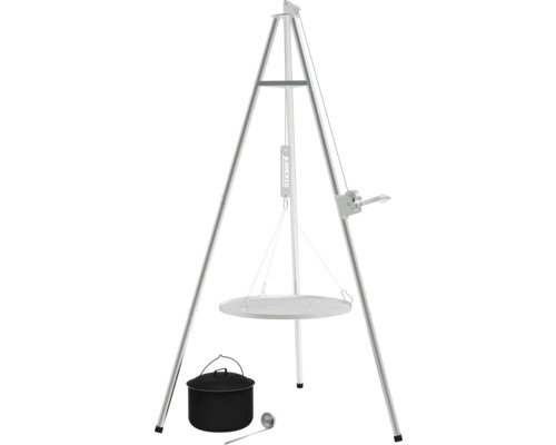 Schwenkgrill mit Dreibein, Grillrost, Topf und Schöpfkelle