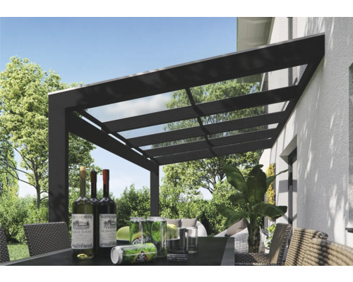 Terrasse mit Überdachung, Tisch, Stühlen, Getränken und Pflanzen