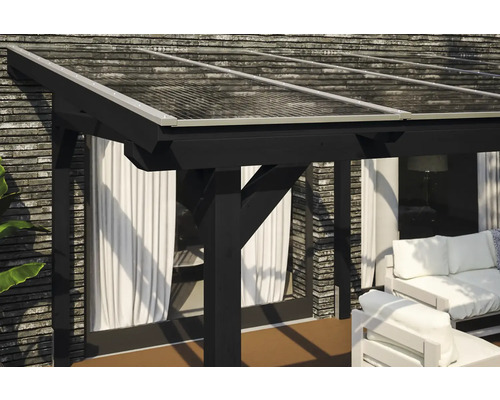 Terrassenüberdachung mit klarem Dach und schwarzem Rahmen