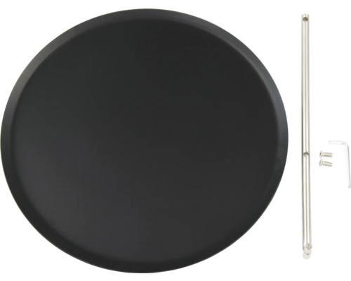 Schwarze Servierplatte mit Standfuß und Schrauben