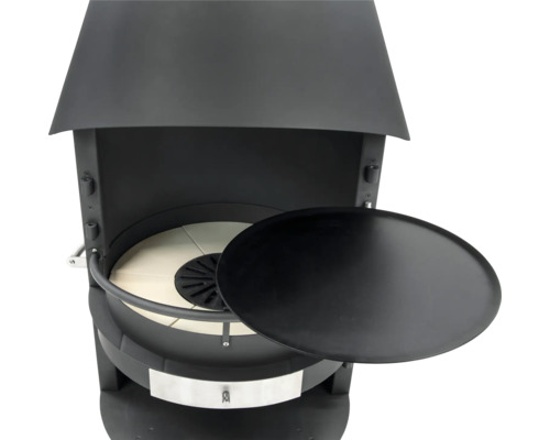 Schwarzer Outdoor-Pizzaofen mit Haube und Pizzastein