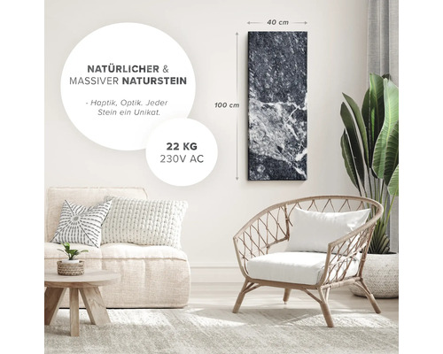 Wohnzimmer mit Natursteinpaneel, Sessel und Sofa