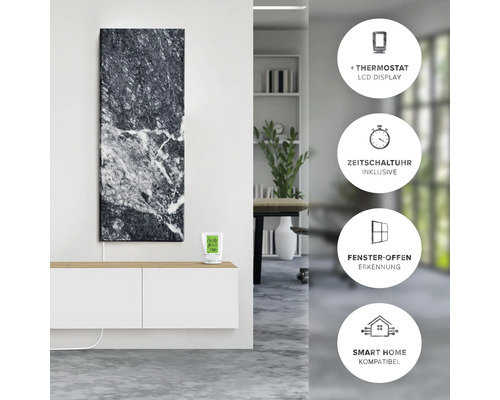 Infrarotheizung mit Marmoroptik und Thermostat zur Wandmontage