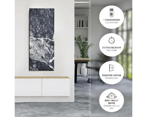 Infrarotheizung in Marmoroptik mit Thermostat, LCD Display, Zeitschaltuhr, Fenster-Offen Erkennung und Steuerung per App