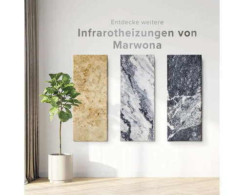 Drei Infrarotheizungen von Marwona hängen an der Wand, daneben eine Zimmerpflanze im Topf.