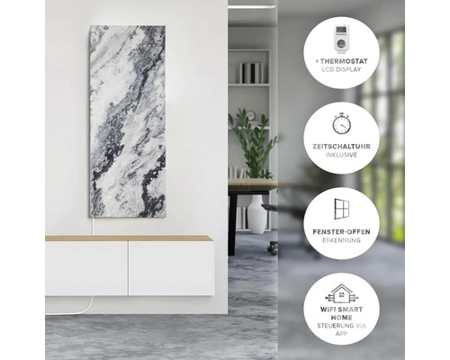 Infrarotheizung mit Marmormuster, Thermostat, Zeitschaltuhr, Fenster-Offen-Erkennung und WLAN Steuerung
