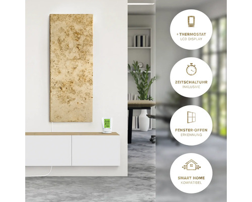 Infrarotheizung an der Wand montiert mit Thermostat, Zeitschaltuhr, Fenster-Offen Erkennung und Smart Home kompatibel.